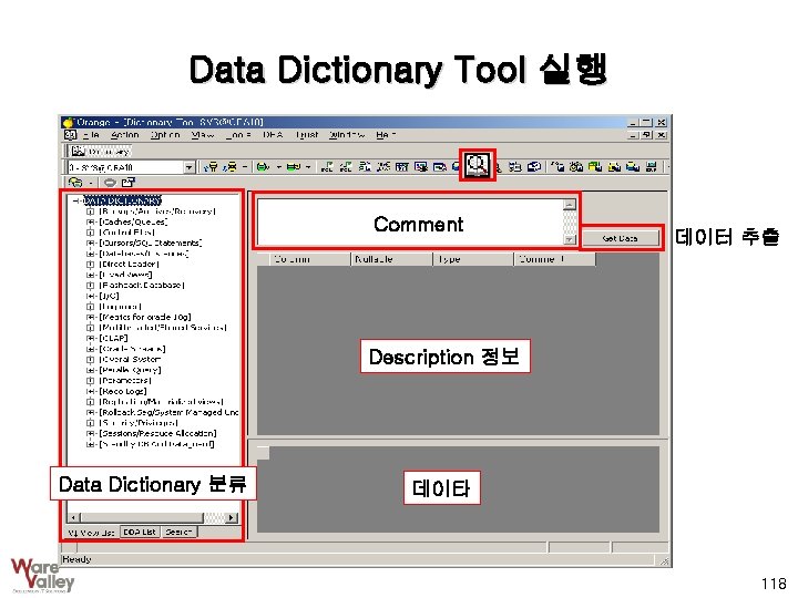 Data Dictionary Tool 실행 Comment 데이터 추출 Description 정보 Data Dictionary 분류 데이타 118