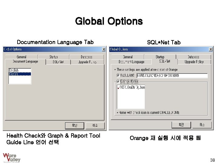 Global Options Documentation Language Tab Health Check와 Graph & Report Tool Guide Line 언어