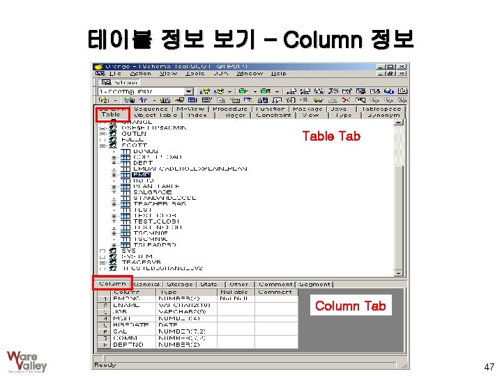 테이블 정보 보기 – Column 정보 Table Tab Column Tab 47 