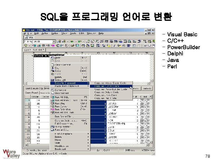 SQL을 프로그래밍 언어로 변환 - Visual Basic C/C++ Power. Builder Delphi Java Perl 78