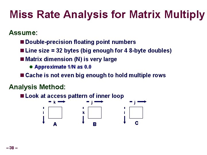 Miss Rate Analysis for Matrix Multiply Assume: Double-precision floating point numbers Line size =