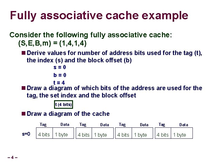 Fully associative cache example Consider the following fully associative cache: (S, E, B, m)