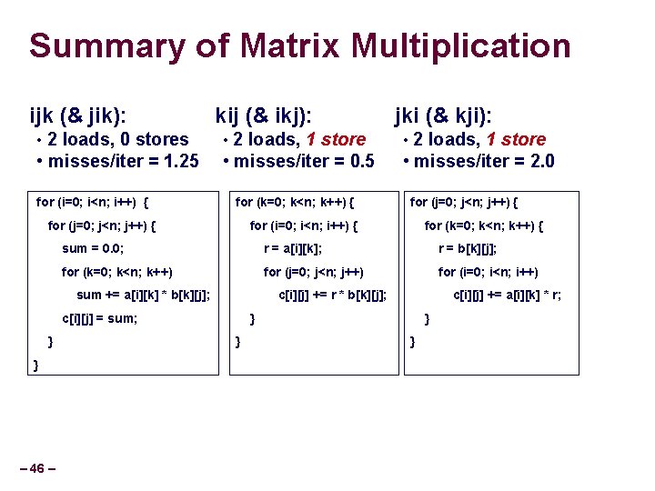 Summary of Matrix Multiplication ijk (& jik): kij (& ikj): jki (& kji): •
