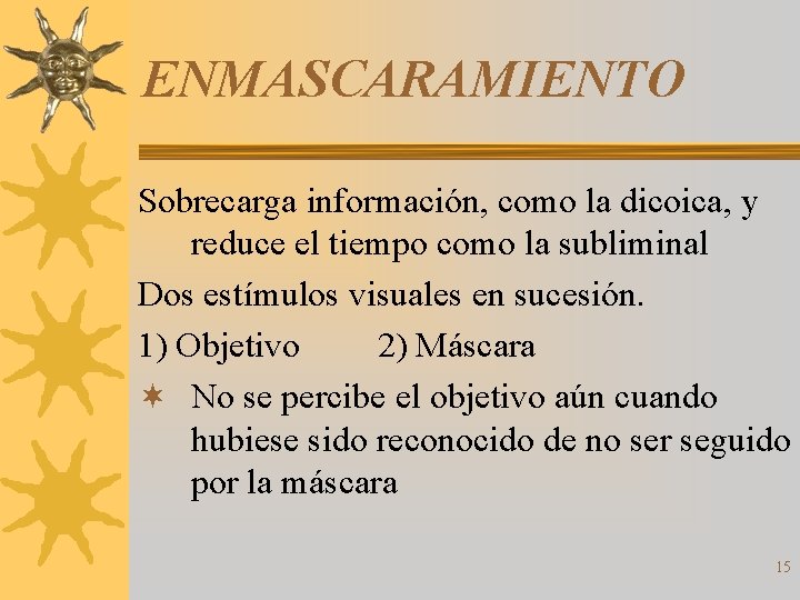 ENMASCARAMIENTO Sobrecarga información, como la dicoica, y reduce el tiempo como la subliminal Dos