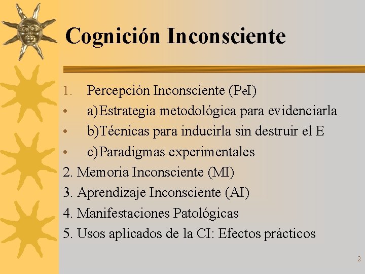 Cognición Inconsciente 1. Percepción Inconsciente (Pe. I) • a)Estrategia metodológica para evidenciarla • b)Técnicas