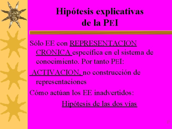 Hipótesis explicativas de la PEI Sólo EE con REPRESENTACION CRONICA específica en el sistema