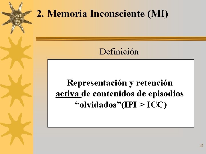 2. Memoria Inconsciente (MI) Definición Representación y retención activa de contenidos de episodios “olvidados”(IPI