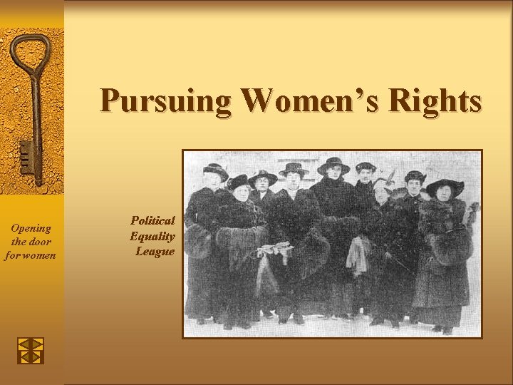 Pursuing Women’s Rights Opening the door for women Political Equality League 