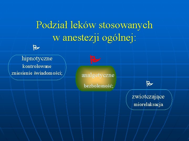 Podział leków stosowanych w anestezji ogólnej: hipnotyczne kontrolowane zniesienie świadomości; analgetyczne bezbolesność; zwiotczające miorelaksacja