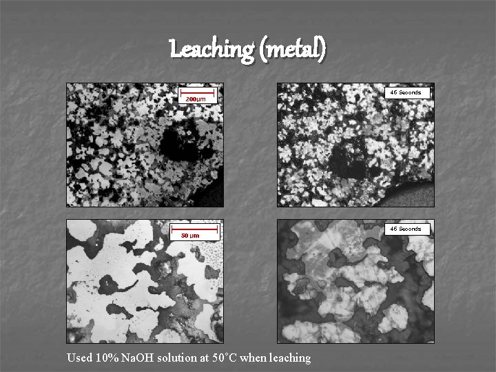 Leaching (metal) 255 Seconds 45 Seconds Used 10% Na. OH solution at 50˚C when