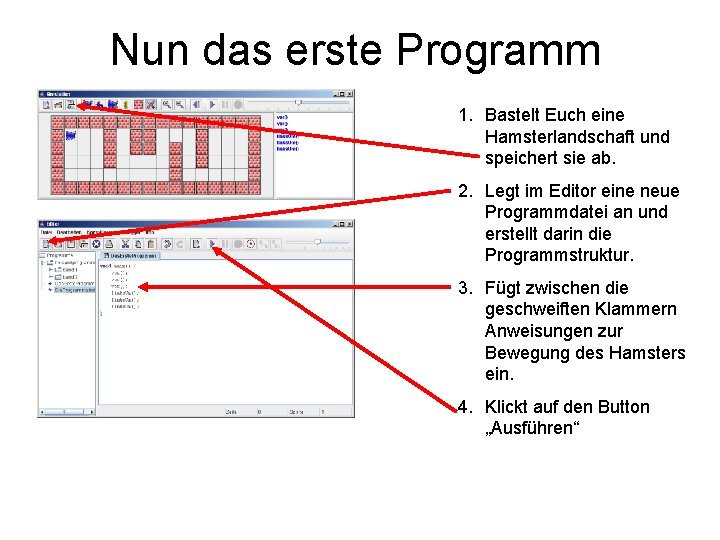 Nun das erste Programm 1. Bastelt Euch eine Hamsterlandschaft und speichert sie ab. 2.