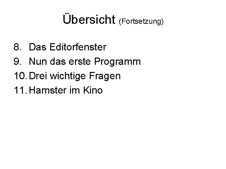 Übersicht (Fortsetzung) 8. Das Editorfenster 9. Nun das erste Programm 10. Drei wichtige Fragen