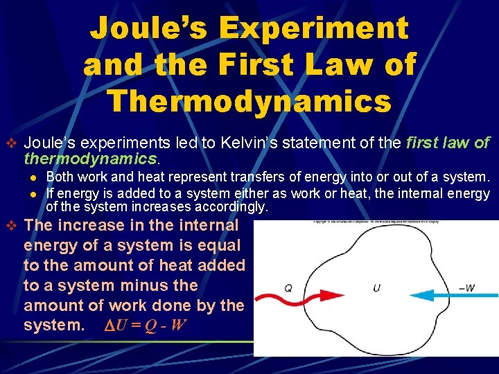 Joule’s Experiment and the First Law of Thermodynamics v Joule’s experiments led to Kelvin’s