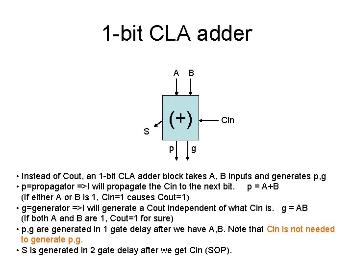 1 -bit CLA adder A B S (+) p Cin g • Instead of