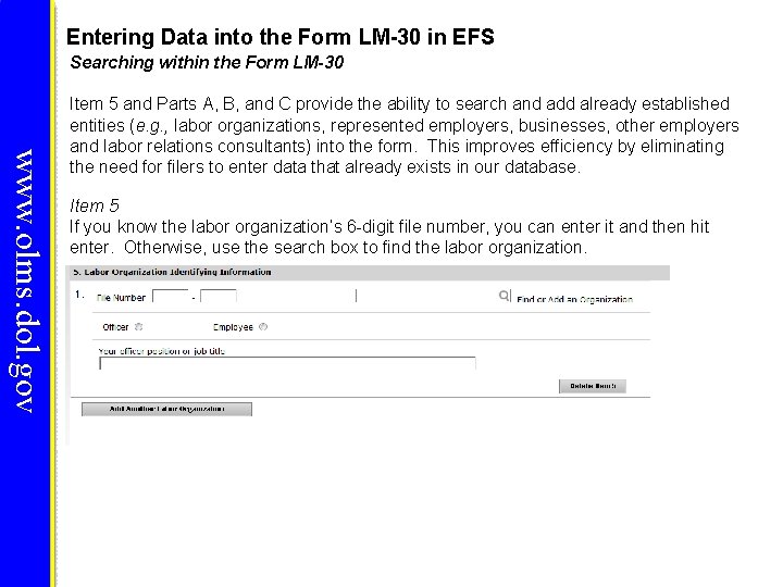 Entering Data into the Form LM-30 in EFS Searching within the Form LM-30 www. Entering Data into the Form LM-30 in EFS Searching within the Form LM-30 www.