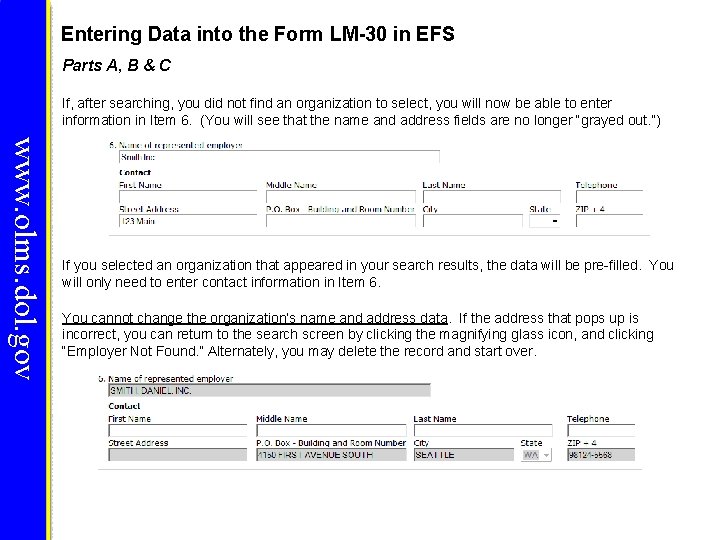 Entering Data into the Form LM-30 in EFS Parts A, B & C If, Entering Data into the Form LM-30 in EFS Parts A, B & C If,