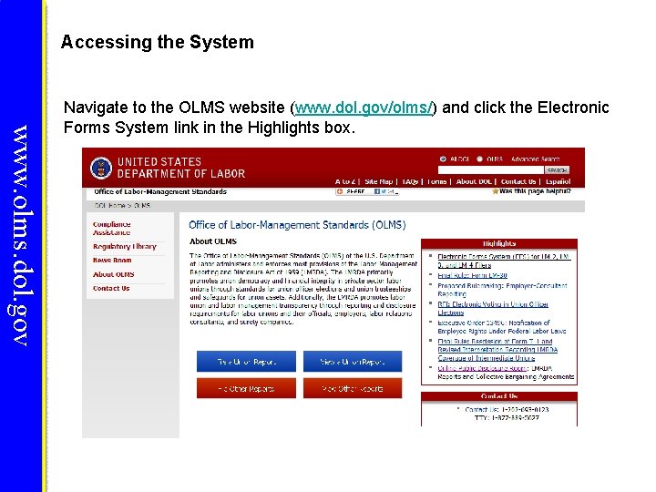 Accessing the System www. olms. dol. gov Navigate to the OLMS website (www. dol. Accessing the System www. olms. dol. gov Navigate to the OLMS website (www. dol.