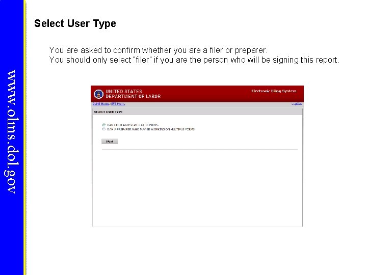 Select User Type You are asked to confirm whether you are a filer or Select User Type You are asked to confirm whether you are a filer or