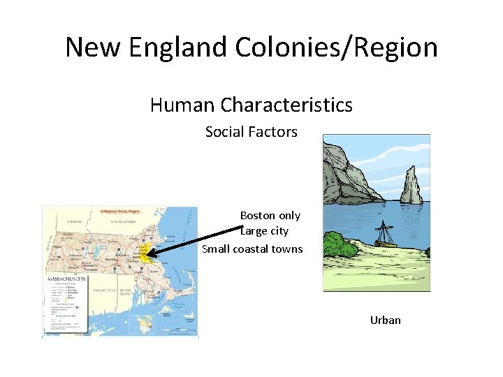 New England Colonies/Region Human Characteristics Social Factors Boston only Large city Small coastal towns New England Colonies/Region Human Characteristics Social Factors Boston only Large city Small coastal towns