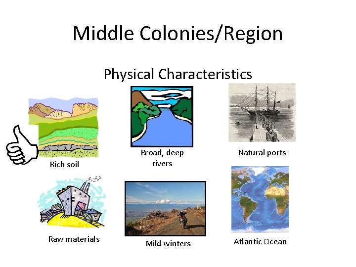 Middle Colonies/Region Physical Characteristics Rich soil Raw materials Broad, deep rivers Mild winters Natural Middle Colonies/Region Physical Characteristics Rich soil Raw materials Broad, deep rivers Mild winters Natural