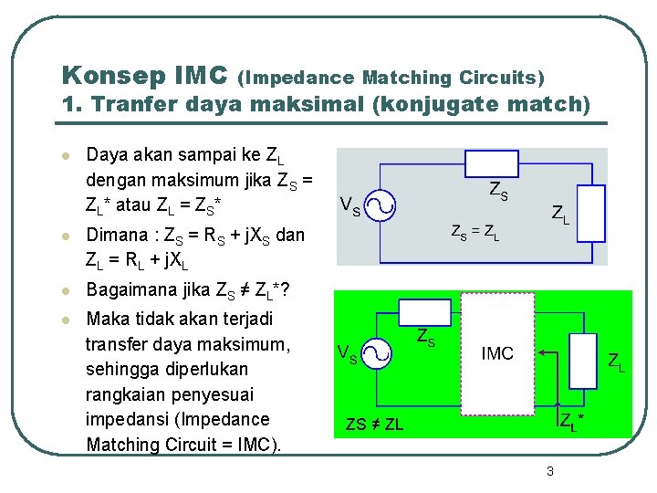Konsep IMC (Impedance Matching Circuits) 1. Tranfer daya maksimal (konjugate match) l Daya akan