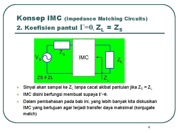 Konsep IMC (Impedance Matching Circuits) 2. Koefisien pantul Γ=0, ZL = ZS ZS ≠