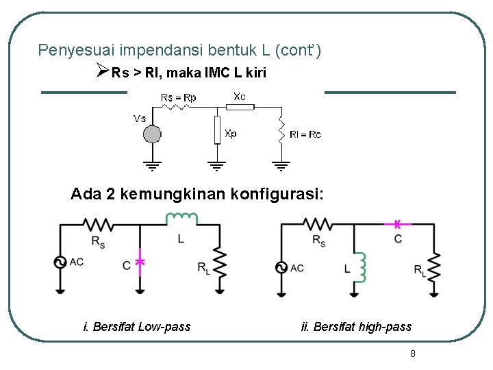 Penyesuai impendansi bentuk L (cont’) ØRs > Rl, maka IMC L kiri Ada 2