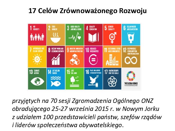 17 Celów Zrównoważonego Rozwoju przyjętych na 70 sesji Zgromadzenia Ogólnego ONZ obradującego 25 -27
