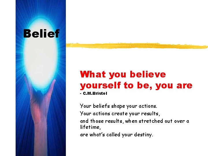 Belief What you believe yourself to be, you are - C. M. Bristol Your