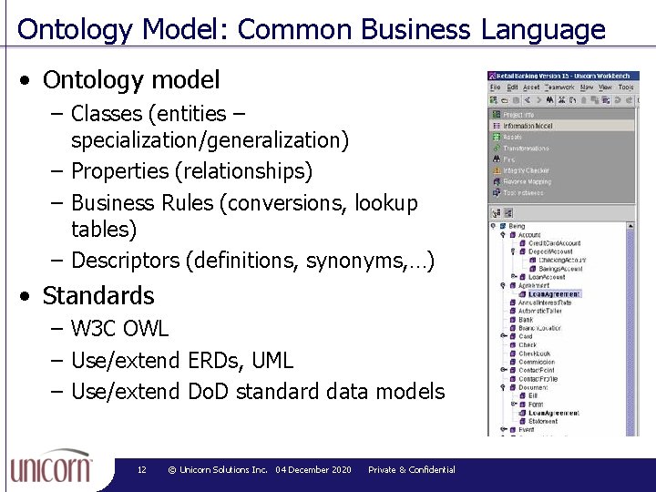 Ontology Model: Common Business Language • Ontology model – Classes (entities – specialization/generalization) –