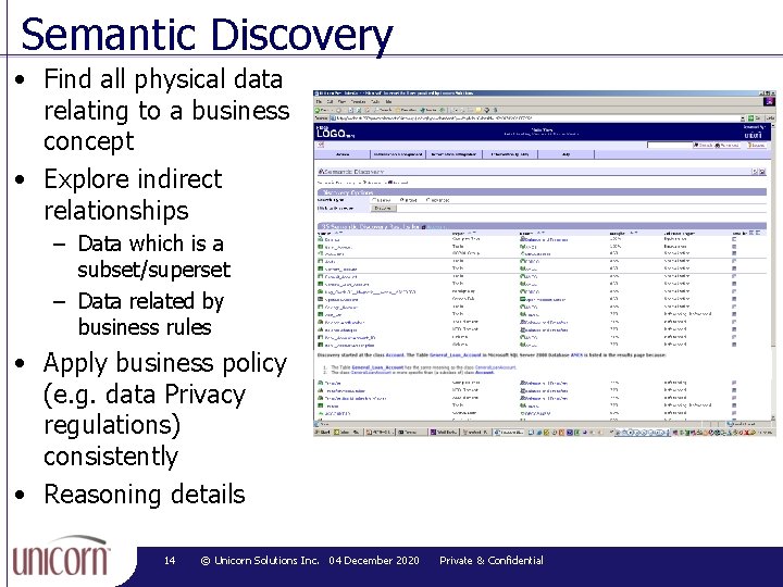 Semantic Discovery • Find all physical data relating to a business concept • Explore
