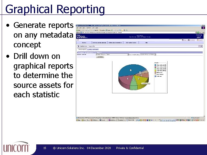 Graphical Reporting • Generate reports on any metadata concept • Drill down on graphical