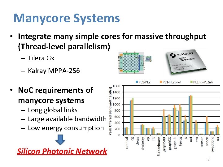 Manycore Systems • Integrate many simple cores for massive throughput (Thread-level parallelism) – Tilera