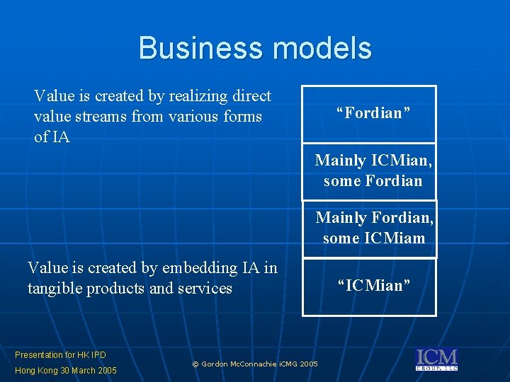 Business models Value is created by realizing direct value streams from various forms of Business models Value is created by realizing direct value streams from various forms of