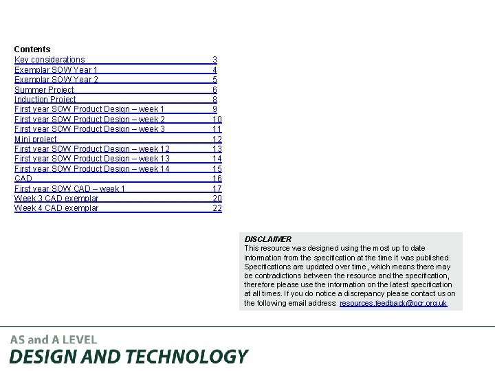 Contents Key considerations Exemplar SOW Year 1 Exemplar SOW Year 2 Summer Project Induction