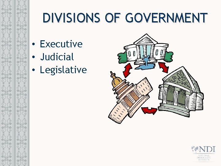 DIVISIONS OF GOVERNMENT • Executive • Judicial • Legislative 