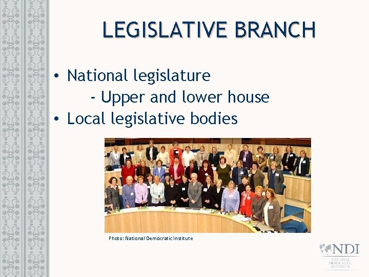 LEGISLATIVE BRANCH • National legislature - Upper and lower house • Local legislative bodies
