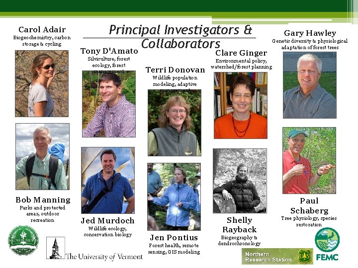 Carol Adair Biogeochemistry, carbon storage & cycling Principal Investigators & Collaborators Tony D'Amato Silviculture,