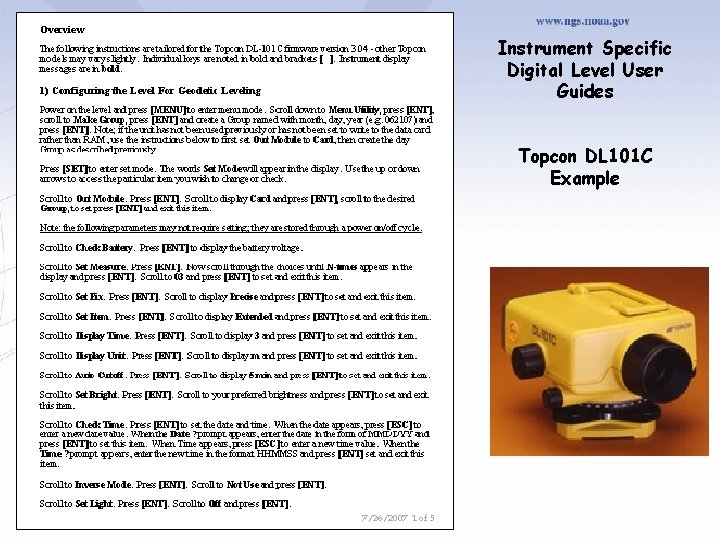 Instrument Specific Digital Level User Guides Topcon DL 101 C Example 