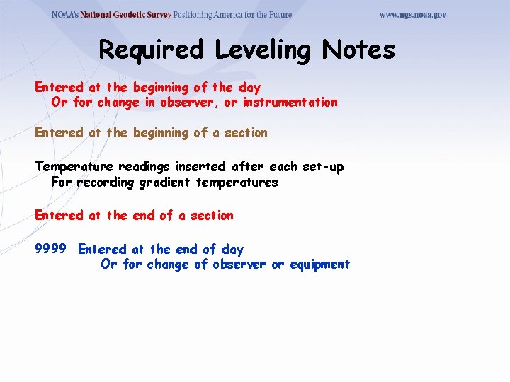 Required Leveling Notes Entered at the beginning of the day Or for change in