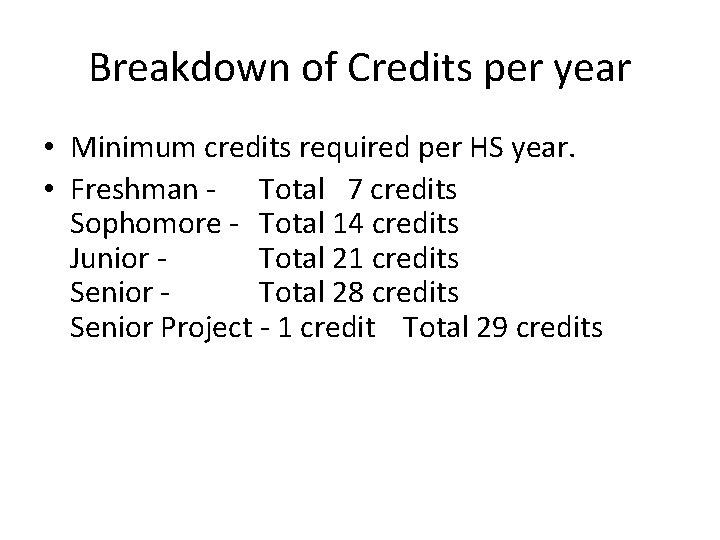 Breakdown of Credits per year • Minimum credits required per HS year. • Freshman