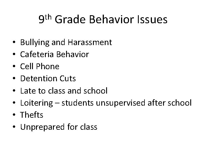 9 th Grade Behavior Issues • • Bullying and Harassment Cafeteria Behavior Cell Phone