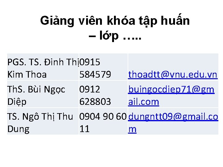 Giảng viên khóa tập huấn – lớp …. . PGS. TS. Đinh Thị0915 Kim