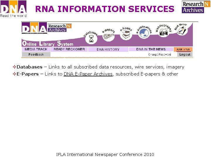 RNA INFORMATION SERVICES v. Databases – Links to all subscribed data resources, wire services, RNA INFORMATION SERVICES v. Databases – Links to all subscribed data resources, wire services,