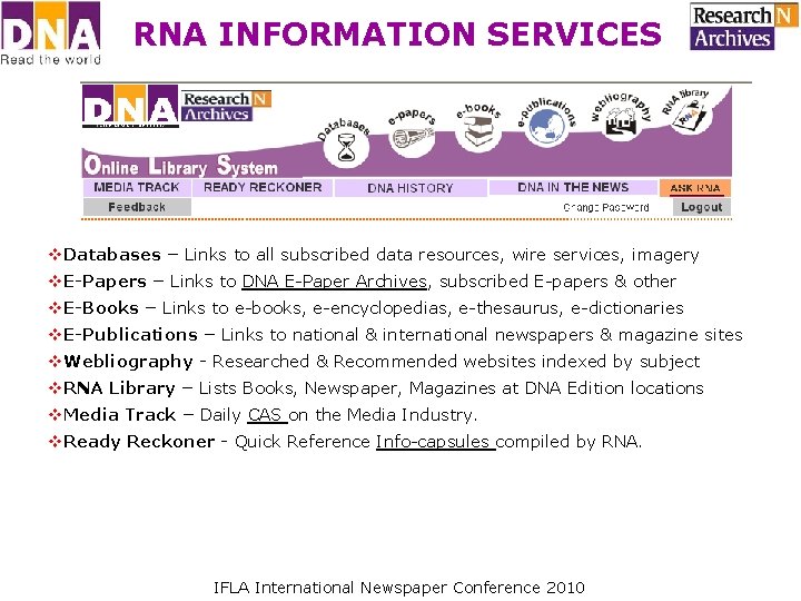 RNA INFORMATION SERVICES v. Databases – Links to all subscribed data resources, wire services, RNA INFORMATION SERVICES v. Databases – Links to all subscribed data resources, wire services,