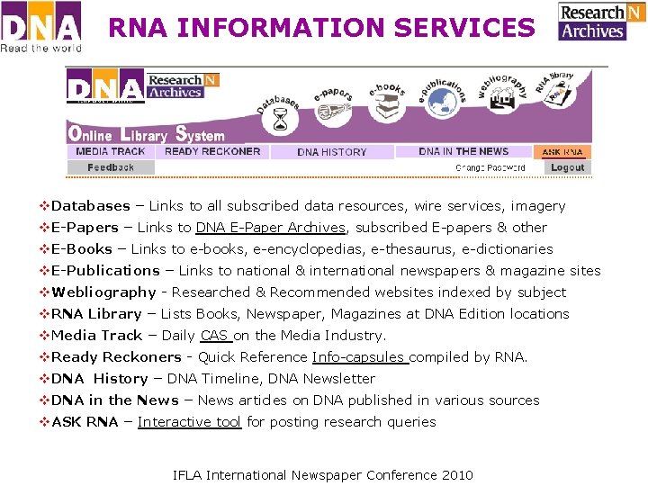 RNA INFORMATION SERVICES v. Databases – Links to all subscribed data resources, wire services, RNA INFORMATION SERVICES v. Databases – Links to all subscribed data resources, wire services,