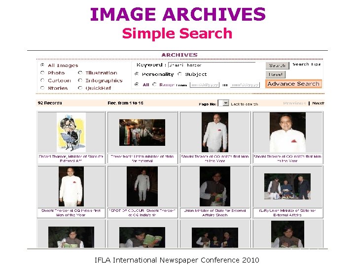 IMAGE ARCHIVES Simple Search IFLA International Newspaper Conference 2010 IMAGE ARCHIVES Simple Search IFLA International Newspaper Conference 2010