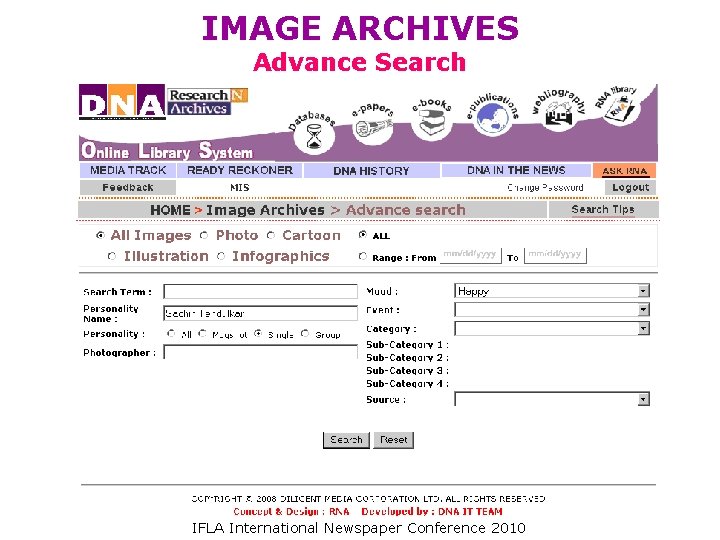 IMAGE ARCHIVES Advance Search IFLA International Newspaper Conference 2010 IMAGE ARCHIVES Advance Search IFLA International Newspaper Conference 2010