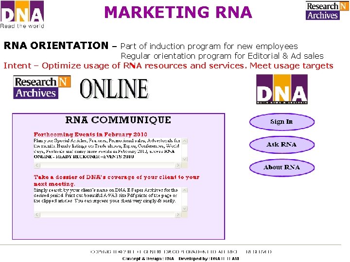 MARKETING RNA ORIENTATION – Part of induction program for new employees Regular orientation program MARKETING RNA ORIENTATION – Part of induction program for new employees Regular orientation program
