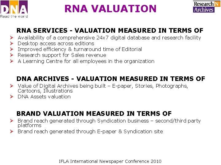 RNA VALUATION RNA SERVICES - VALUATION MEASURED IN TERMS OF Ø Ø Ø Availability RNA VALUATION RNA SERVICES - VALUATION MEASURED IN TERMS OF Ø Ø Ø Availability